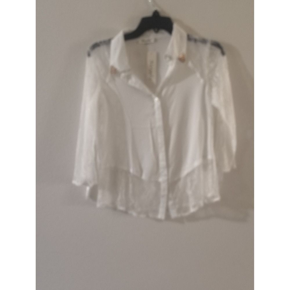Naranka White Lace Panel Button Down Blouse Studded Collar Accent Top NEW